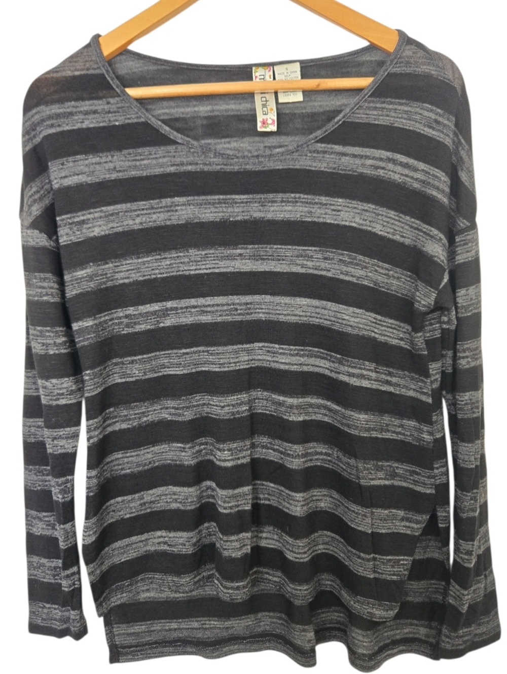 Mimi Chica Striped Long Sleeve Top Gray Black Lightweight Sweater Size Small